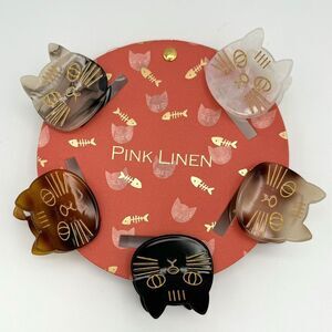 NEW Pink Linen Cat Faces Hair Claws Hair Clips Set of 5 Kitty Cat